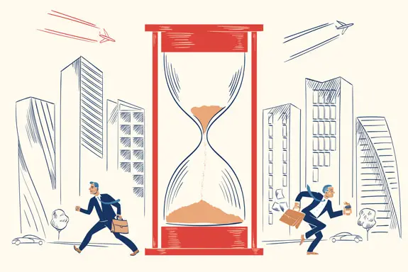 An illustration of businesspeople rushing around, with a giant hourglass looming