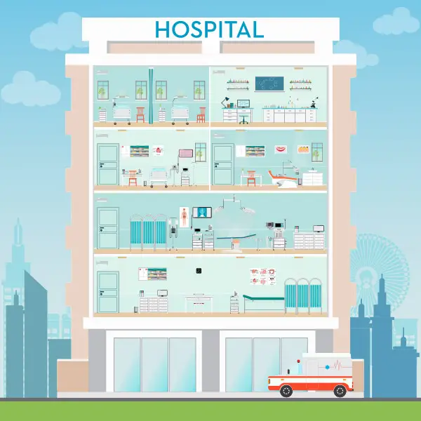 A cutaway illustration of a hospital