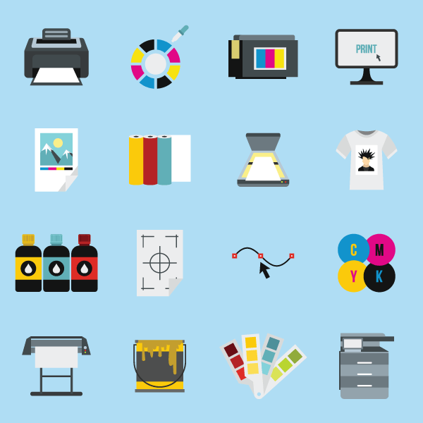 An illustrated collage of printing-related items