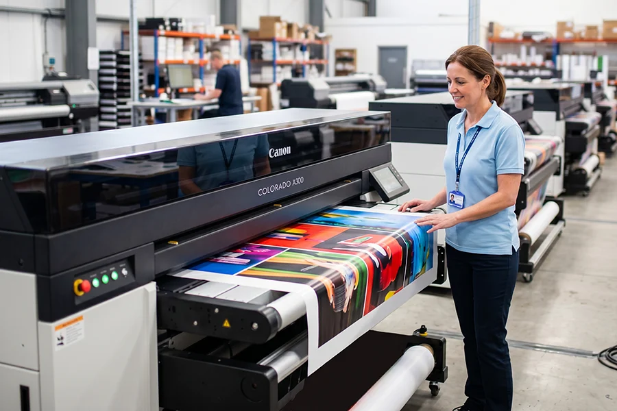 A woman examines a large format color print