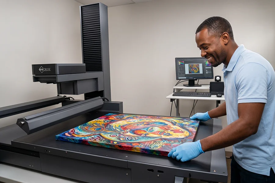 A man scanning a large oil painting