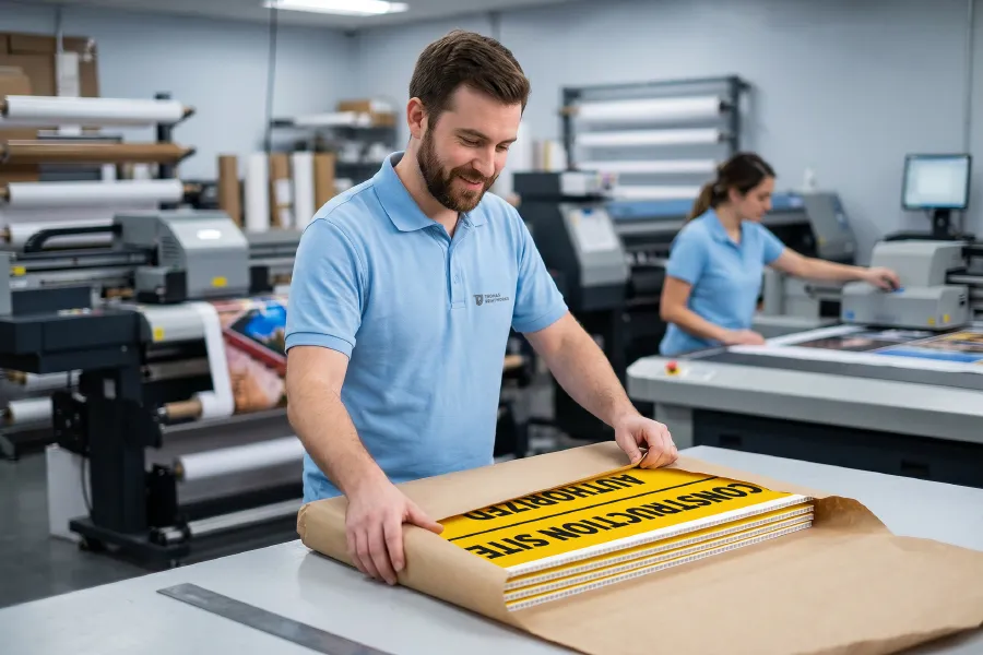 A print shop worker packaging construction signage