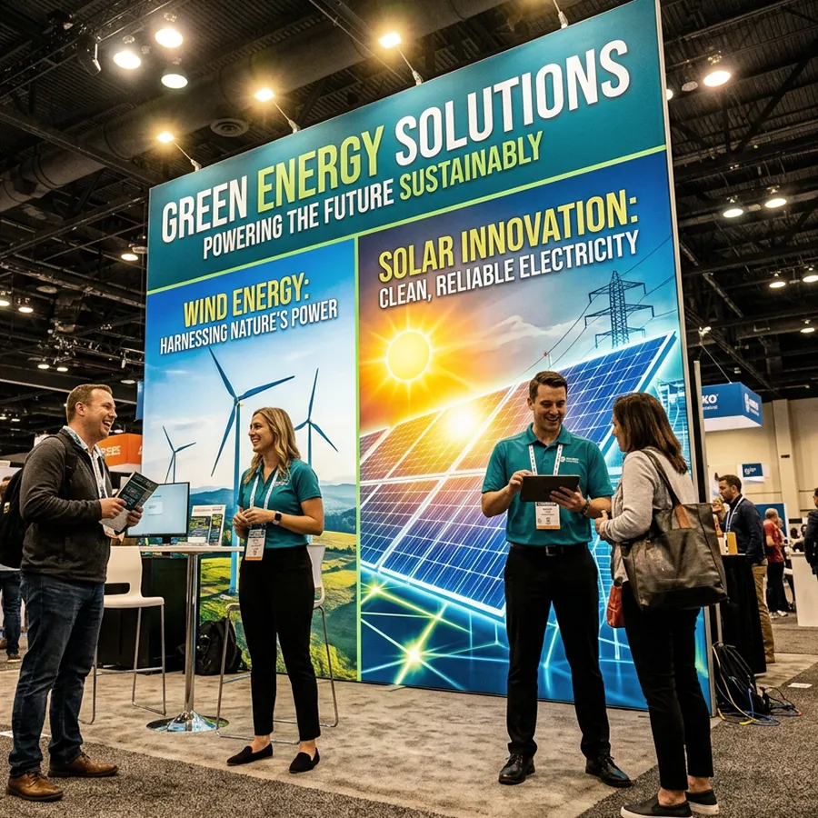 A trade show booth with prominent backdrop
