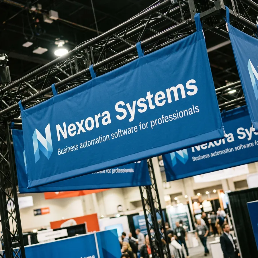A trade show booth with hanging banners